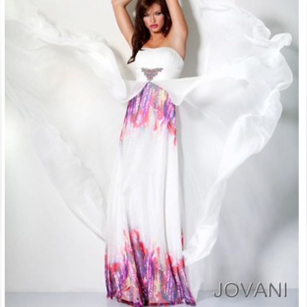 NEW Jovani White Chiffon Embellished Butterfly Pink Floral Gown Maxi Dress 16